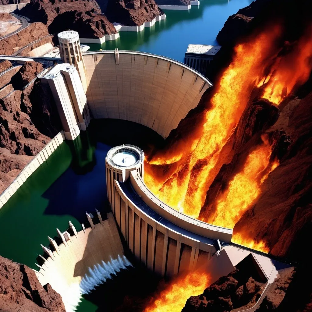 Prompt: The Hoover Dam engulfed in flames