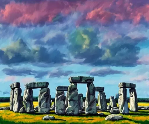 Prompt: A view of Stonehenge from eye level painted by Lisa Frank