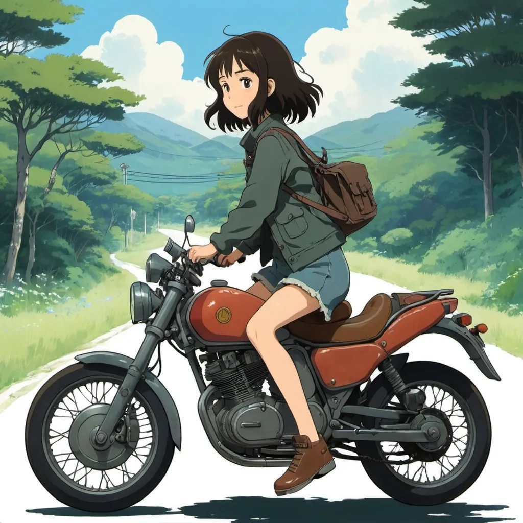 Prompt: 2d studio ghibli anime style, girl on motorcycle, anime scene