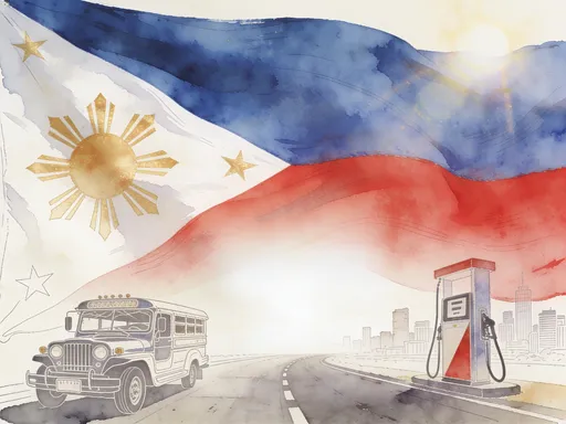 Prompt: A symbolic Filipino editorial background featuring a flowing Philippine flag, soft watercolor textures, faint outlines of a jeepney, fuel pump, road, and urban skyline representing transportation and social issues. The composition should feel hopeful yet serious, using blue, red, white, and golden sunlight accents. Keep the center clean with a light parchment or white gradient for readable text. Minimal, elegant, premium poster design, realistic digital art, A4 portrait, high quality, no text, no watermark, no people.