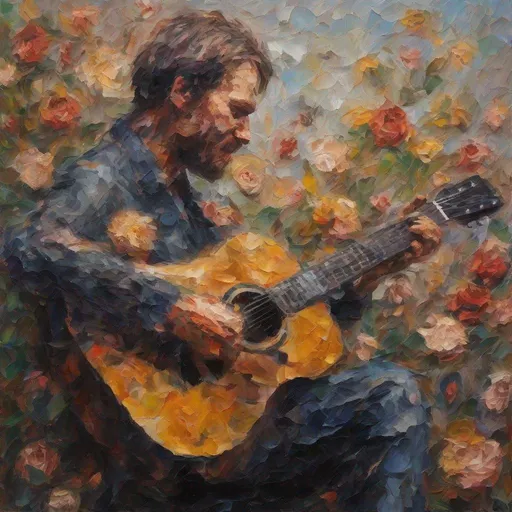 Prompt: Portrait of a man playing an acoustic guitar and singing, both the man and the guitar are wearing dead flowers, very thick Impasto, impressionism