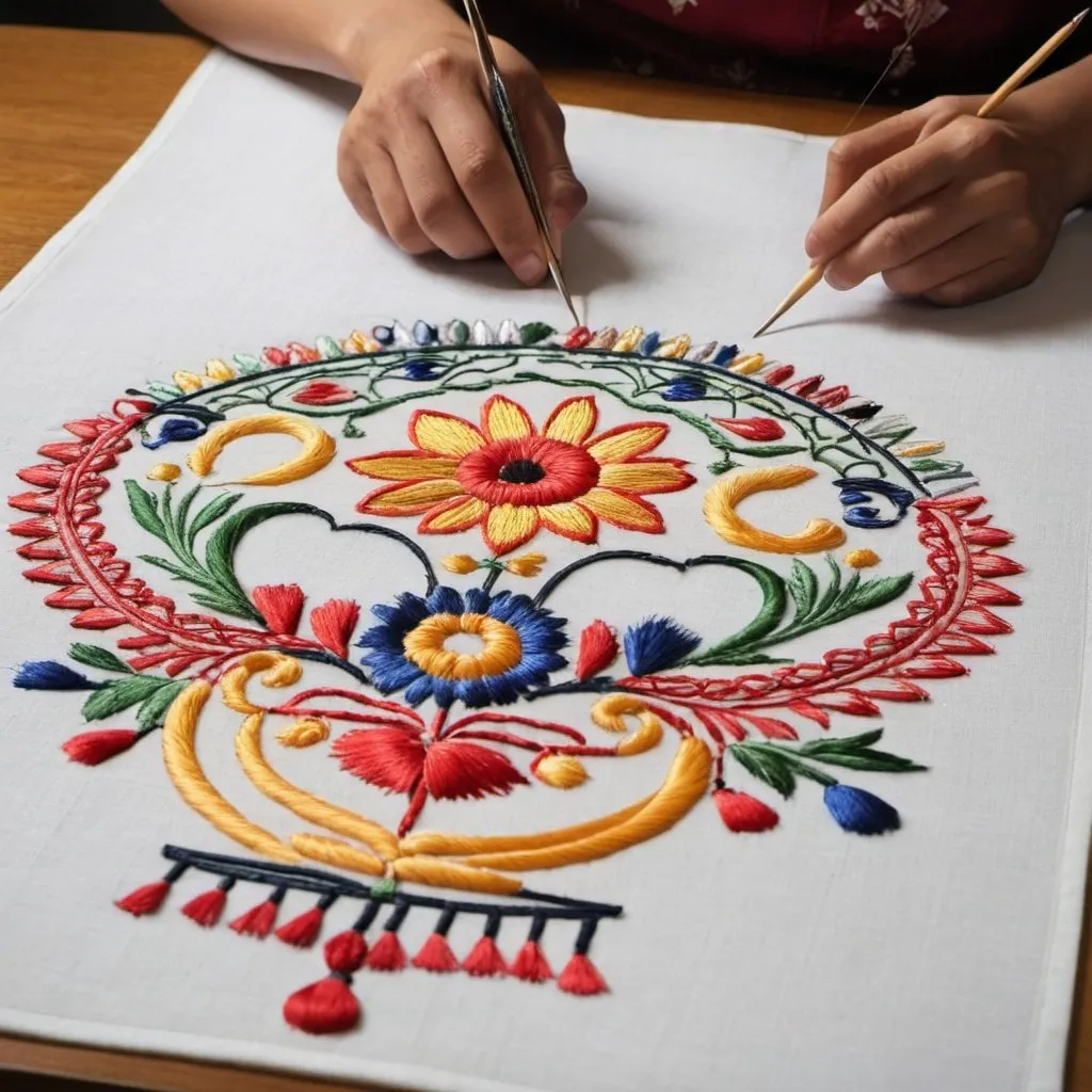 Prompt: I want to create a theme poster about "The Inheritance and Diversified Innovation of Ou Embroidery Intangible Cultural Heritage". Require posters to reflect unique features