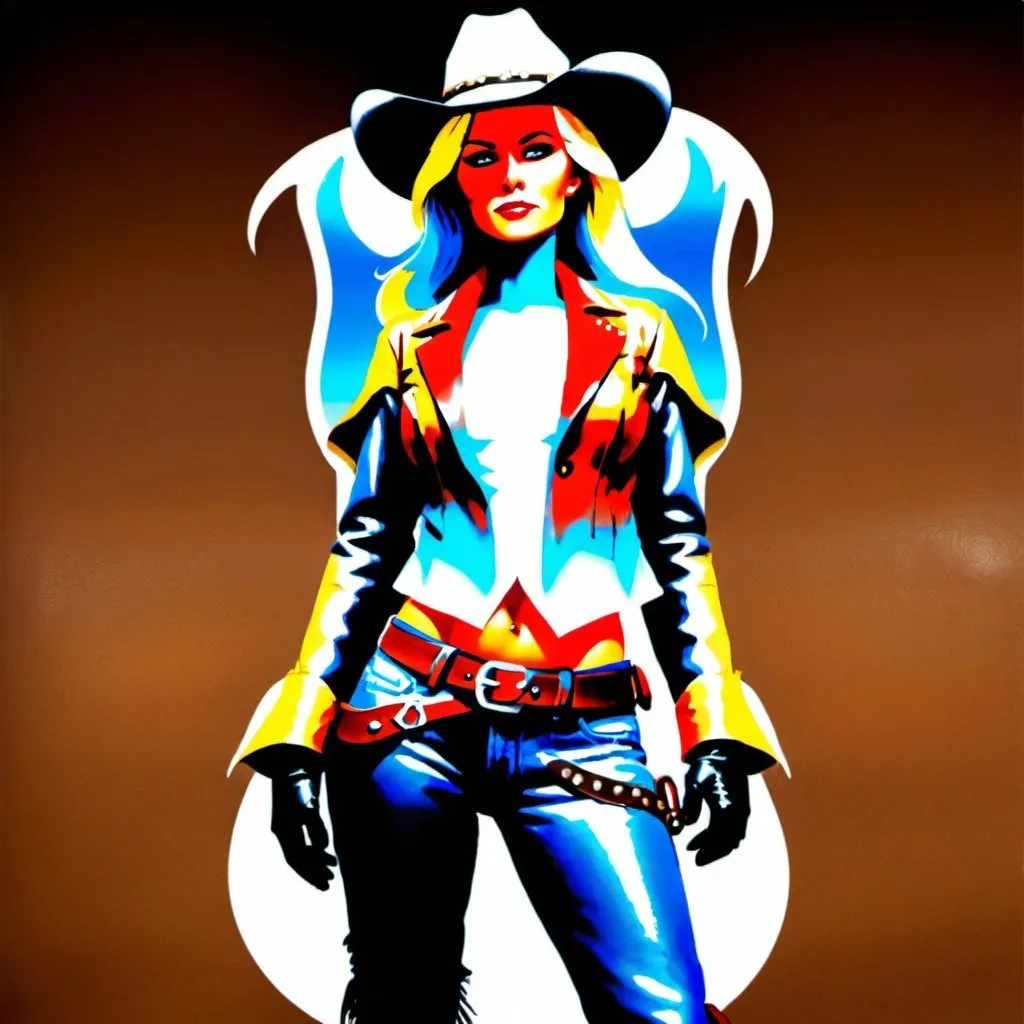 Prompt: A beautiful blonde cowgirl dressed nearly head-to-toe in supple brown leather, including a fringed jacket, flared chaps, fingerless gloves, worn boots, and iconic cowboy hat, carrying a pair of twin revolvers in an ornate leather gunbelt 