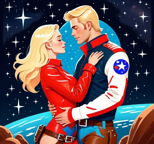 Prompt: A beautiful blonde cowgirl dressed nearly head-to-toe in supple brown leather embraces a handsome blond space adventurer dressed in a red-and-blue uniform under a sea of stars