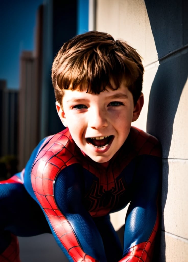 Prompt: Realistic image of Spiderman crouching, hanging off side of a building, shooting web, unmasked, high quality, realistic style, detailed muscles, accurate anatomy, intense expression, urban setting, iconic red and blue costume, detailed web patterns, professional lighting, cinematic, dramatic shadows