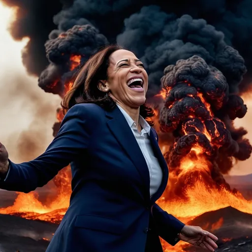 Prompt: kamala harris laughing in front of the planet earth burning 