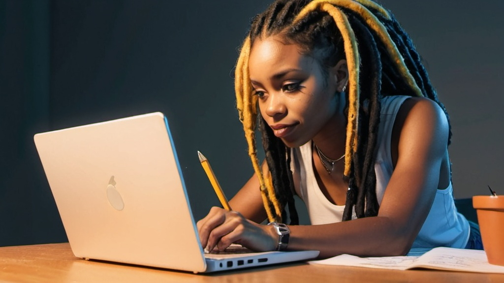 Prompt: a black woman with dreadlocks writing on a laptop in manga style
