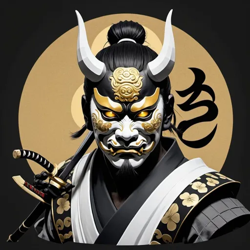 Prompt: make a black, white and gold samurai with a oni mask and a katana of the same colors with a big yin and yang symbol behind it as the background