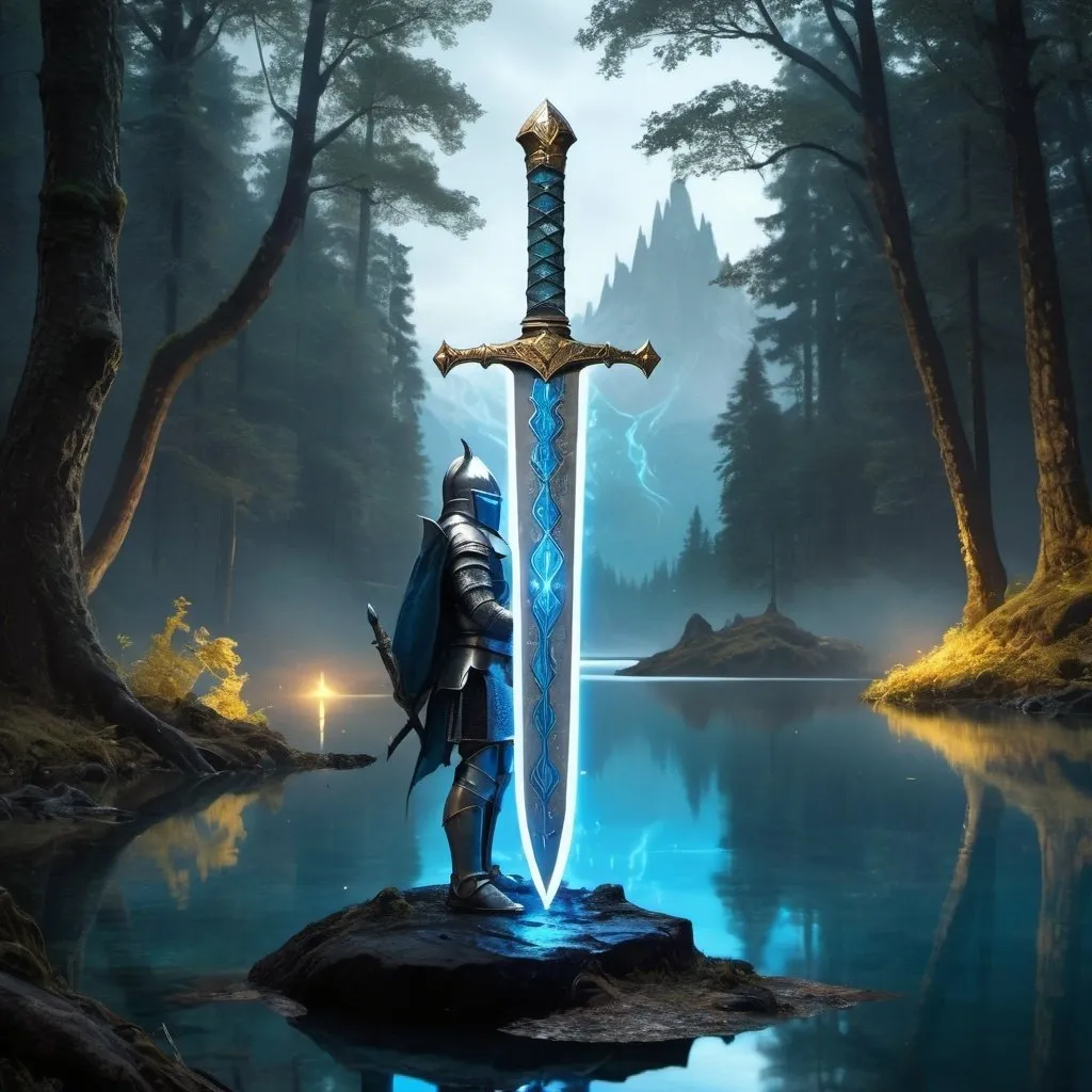 Prompt: a magical gold and silver long sword with glowing blue runes all over it with the sword stuck in a stone in the middle of a mystical looking lake with a forest around the lake with a knight with gold and silver armor with glowing blue rune on his armor standing behind the sword