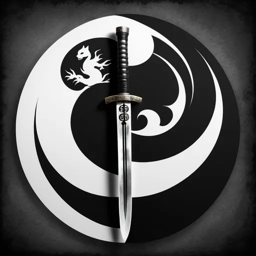 Prompt: make a black and white katana on a sacred pedicle with a big yin and yang symbol behind it as the background