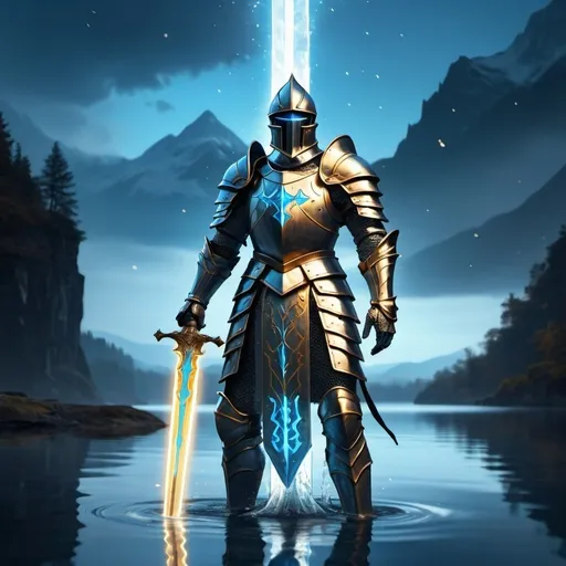 Prompt:  a knight with gold and silver armor with a glowing blue rune on his armor standing holding a gold and silver sword with glowing blue runes on the sword with him standing on water in the middle of a mystical looking lake 