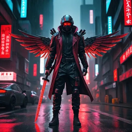 Prompt: a male person with a cyberpunk style suit that is red and black with a cyberpunk style katana that is the same colors as the suit and they have wings made of red glowing energy and he is on  a road with it raining and he is in a cyberpunk style city
