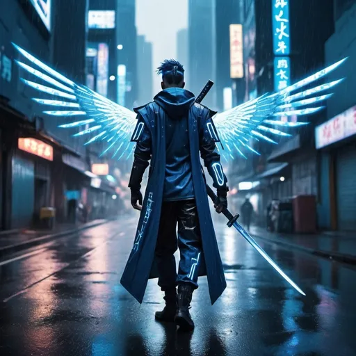 Prompt: a male person with a cyberpunk style suit that is blue and white with a cyberpunk style katana that is the same colors as the suit and they have wings made of blue glowing energy and he is on  a road with it raining and he is in a cyberpunk style city