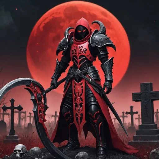 Prompt: a red and black scythe held by a person in red and black armor with a graveyard with a red moon in the background