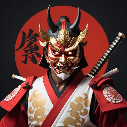 Prompt: make a red, white and gold samurai with a oni mask and a katana of the same colors with a red and black yin and yang symbol behind it as the background