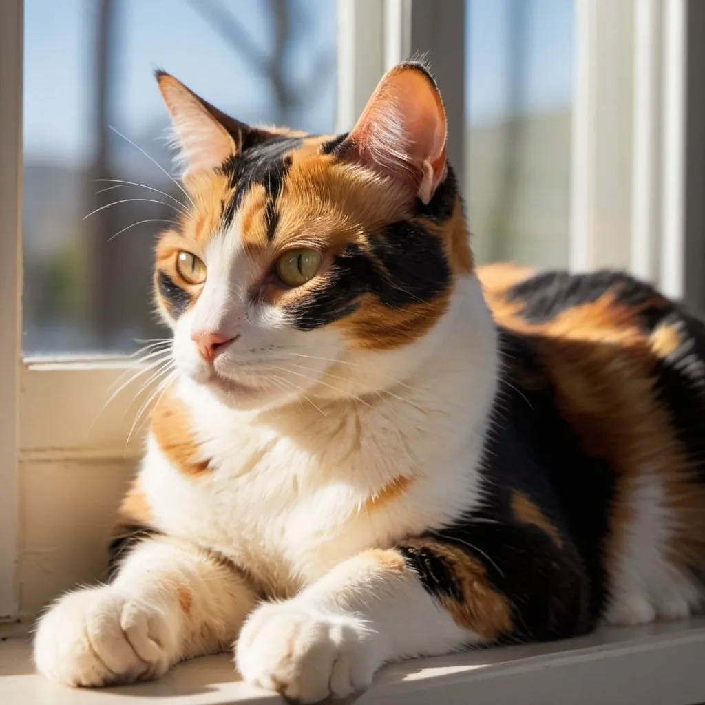 Prompt: a calico cat loafing in front of a window with sunlight coming through with the cats eyes closed