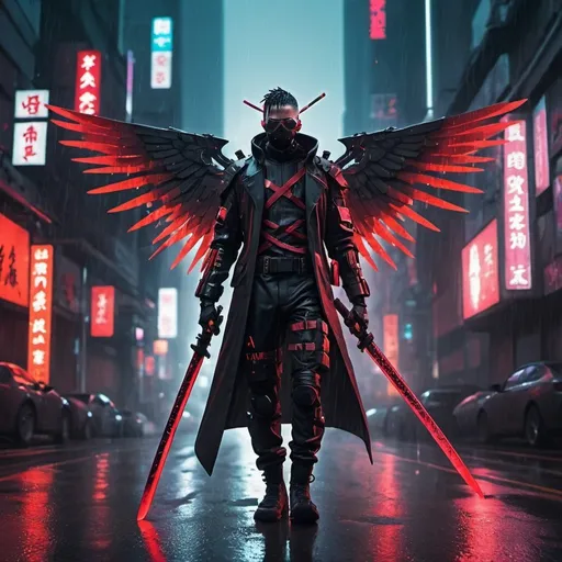 Prompt: a male person with a cyberpunk style suit that is red and black with a cyberpunk style katana that is the same colors as the suit and they have wings made of red glowing energy and he is on  a road with it raining and he is in a cyberpunk style city