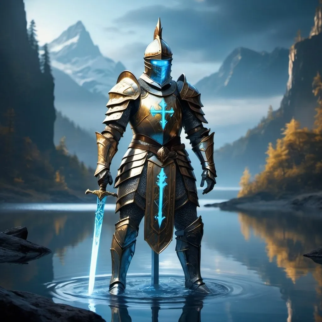 Prompt:  a knight with gold and silver armor with a glowing blue rune on his armor standing holding a gold and silver sword with glowing blue runes on the sword with him standing on water in the middle of a mystical looking lake 