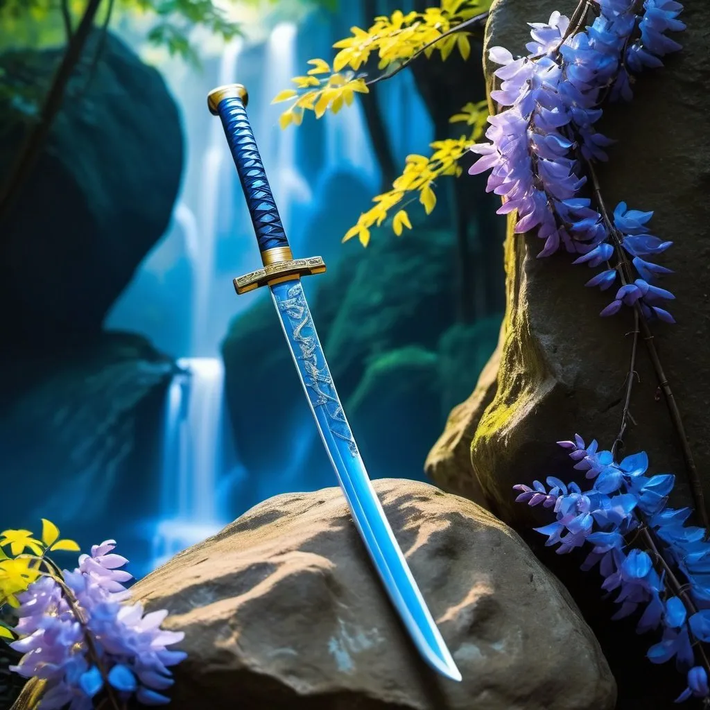 Prompt: a blue and gold katana stabbed into a rock with runes carved into it that glow blue and a mystical blue Chinese Wisteria Tree forest background