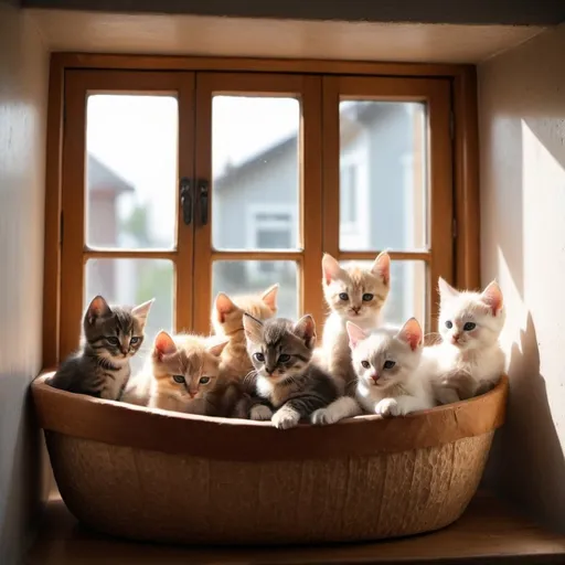 Prompt: a lot of different types of kittens sitting in the loaf form front of a window with light coming through and sleeping in a nice house