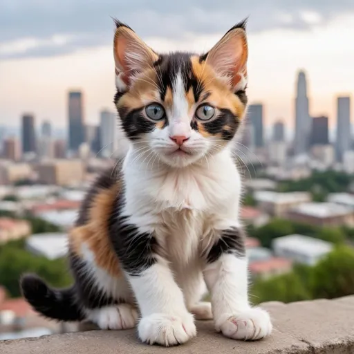 Prompt: a huge calico kitten looming over a city looking laying down and the kitten is adorable
