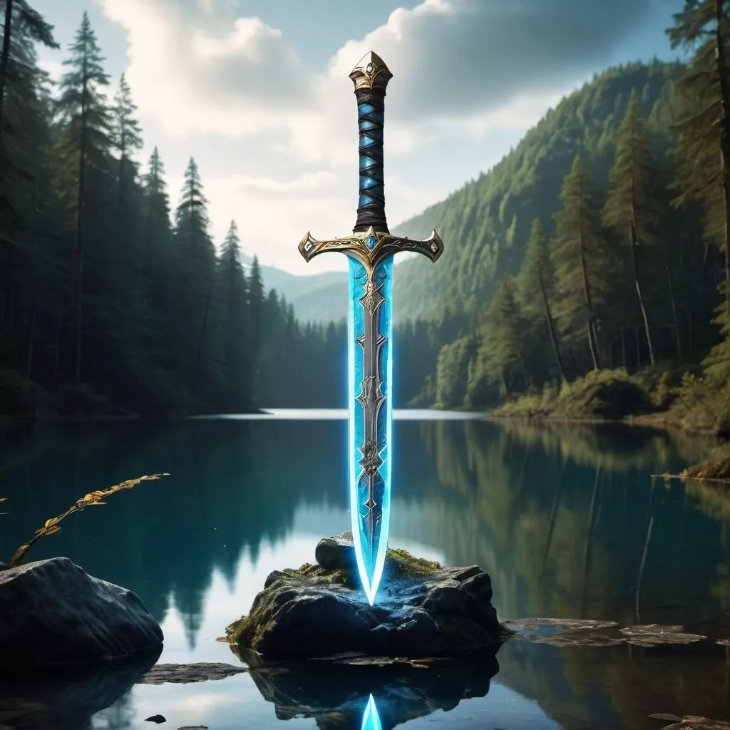 Prompt: a magical gold and silver long sword with glowing blue runes all over it with the sword stuck in a stone in the middle of a mystical looking lake with a forest around the lake