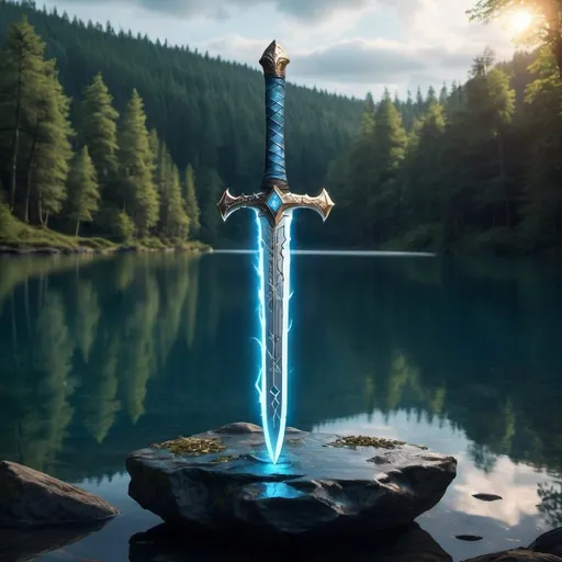 Prompt: a magical gold and silver sword with glowing blue runes all over it with the sword stuck in a stone in the middle of a mystical looking lake with a forest around the lake