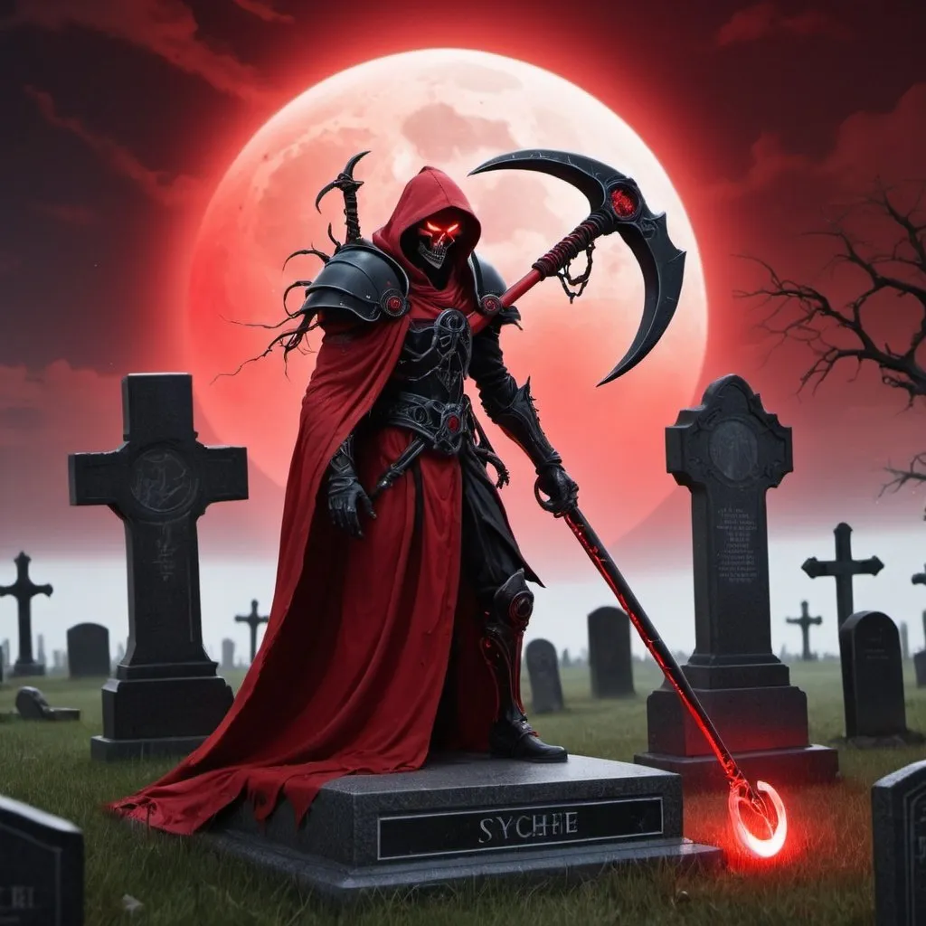 Prompt: a red and black scythe with a red and black lightning aura around it and a graveyard with a red moon in the background with the scythe in a tombstone