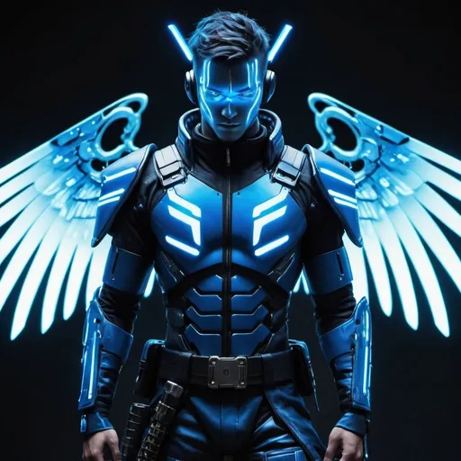 Prompt: a male person with a cyberpunk style suit that is blue and white with a cyberpunk style katana that is the same colors as the suit and they have wings made of blue glowing energya male person with a cyberpunk style suit that is blue and white with a cyberpunk style katana that is the same colors as the suit and they have wings made of blue glowing energy