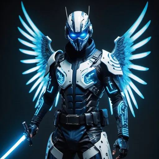 Prompt: a male person with a cyberpunk style suit that is blue and white with a cyberpunk style katana that is the same colors as the suit and they have wings made of blue glowing energy
