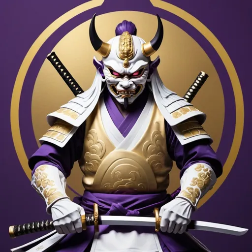 Prompt: make a purple, white and gold samurai with a oni mask and a katana of the same colors with a purple and black yin and yang symbol behind it as the background