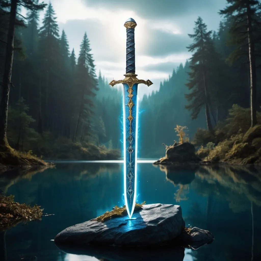 Prompt: a magical gold and silver long sword with glowing blue runes all over it with the sword stuck in a stone in the middle of a mystical looking lake with a forest around the lake