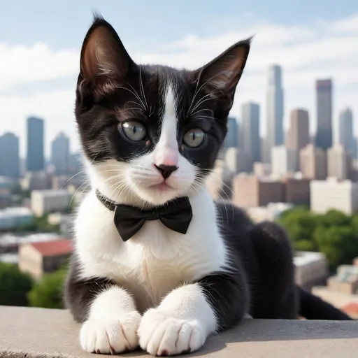 Prompt: a huge tuxedo kitten looming over a city looking laying down and the kitten is adorable
