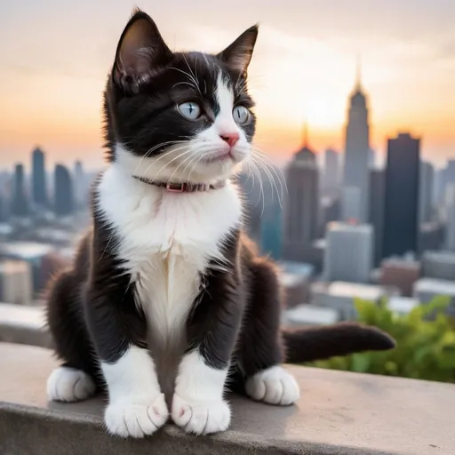 Prompt: a huge tuxedo kitten looming over a city looking laying down and the kitten is adorable