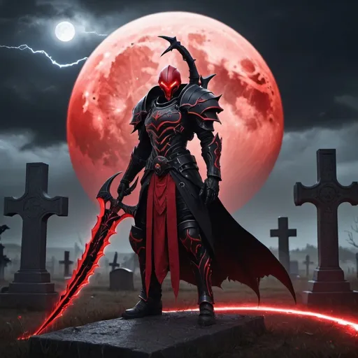 Prompt: a red and black scythe held by a person in red and black armor with a red and black lightning aura around them and a graveyard with a red moon in the background