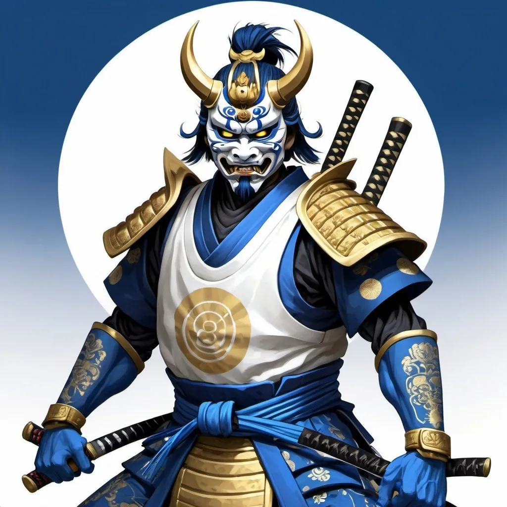 Prompt: make a blue, white and gold samurai with a oni mask and a katana of the same colors with a blue and black yin and yang symbol behind it as the background