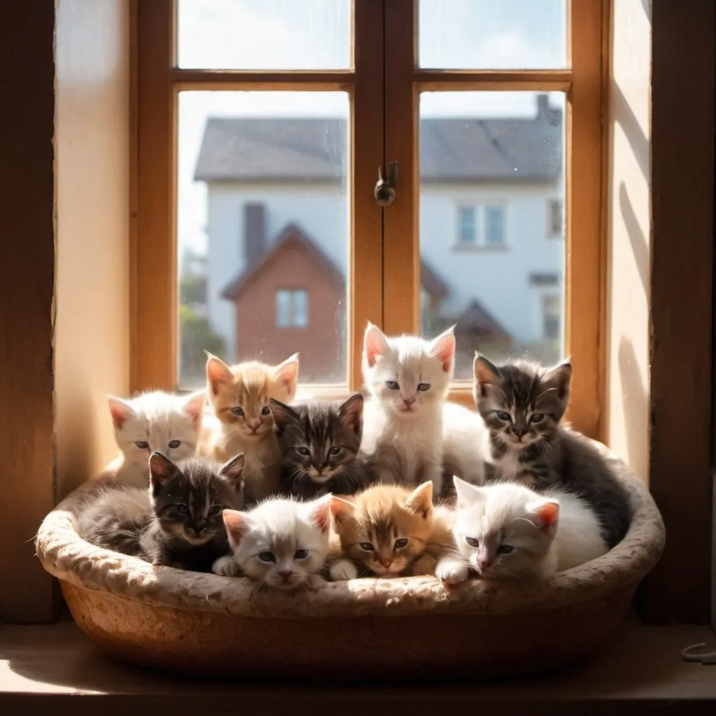 Prompt: a lot of different types of kittens sitting in the loaf form front of a window with light coming through and sleeping in a nice house