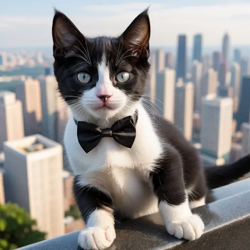 Prompt: a huge tuxedo kitten looming over a city looking laying down and the kitten is adorable