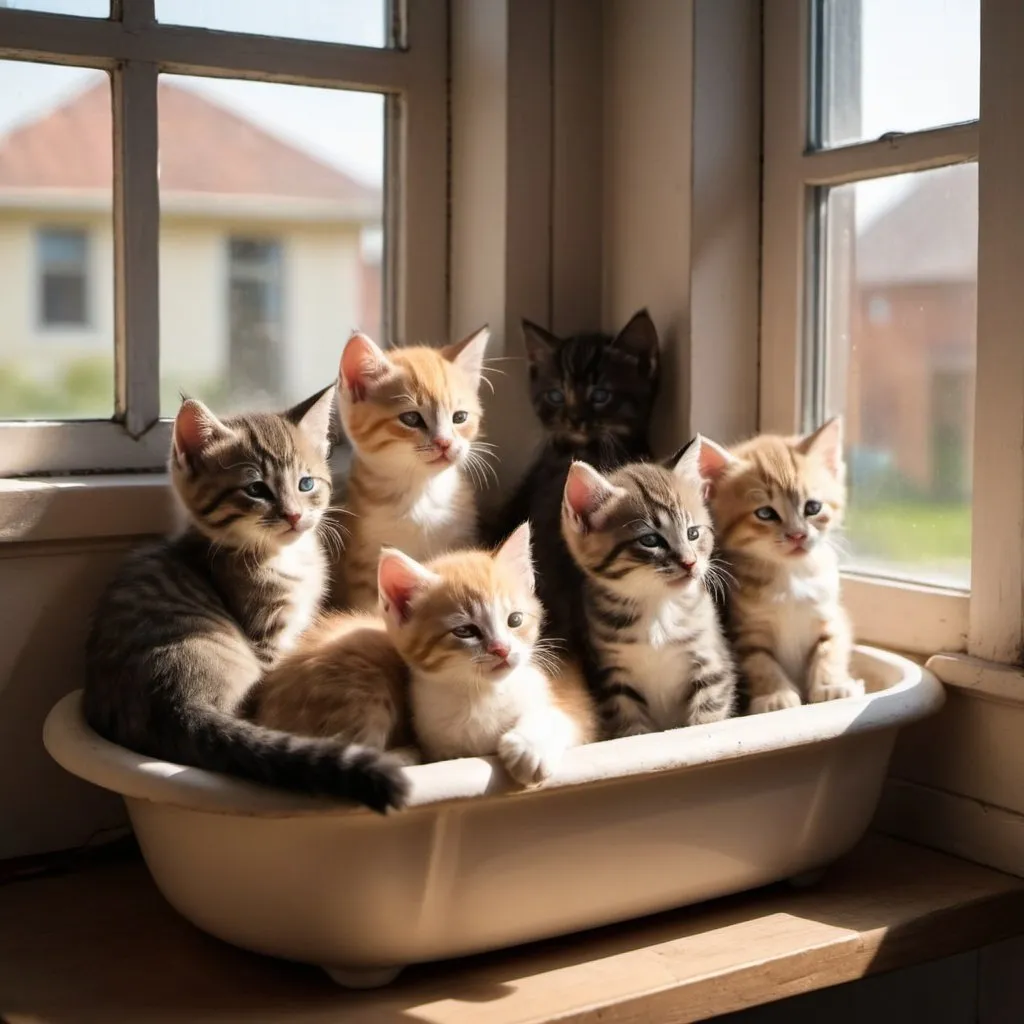 Prompt: a lot of different types of kittens sitting in the loaf form front of a window with light coming through and sleeping in a nice house