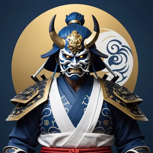 Prompt: make a blue, white and gold samurai with a oni mask and a katana of the same colors with a blue and black yin and yang symbol behind it as the background