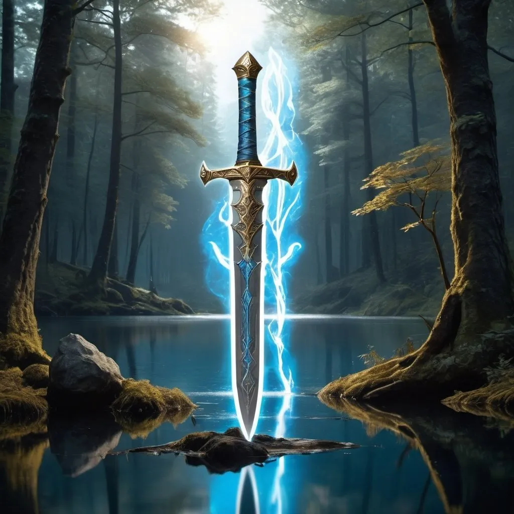 Prompt: a magical gold and silver long sword with glowing blue runes all over it with the sword stuck in a stone in the middle of a mystical looking lake with a forest around the lake with a knight with gold and silver armor with glowing blue rune on his armor standing behind the sword