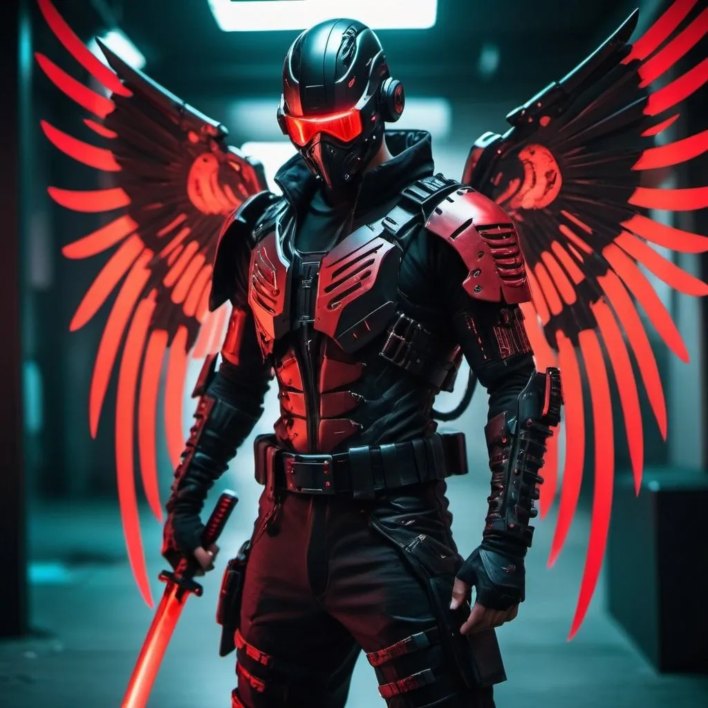 Prompt: a male person with a cyberpunk style suit that is red and black with a cyberpunk style katana that is the same colors as the suit and they have wings made of red glowing energy