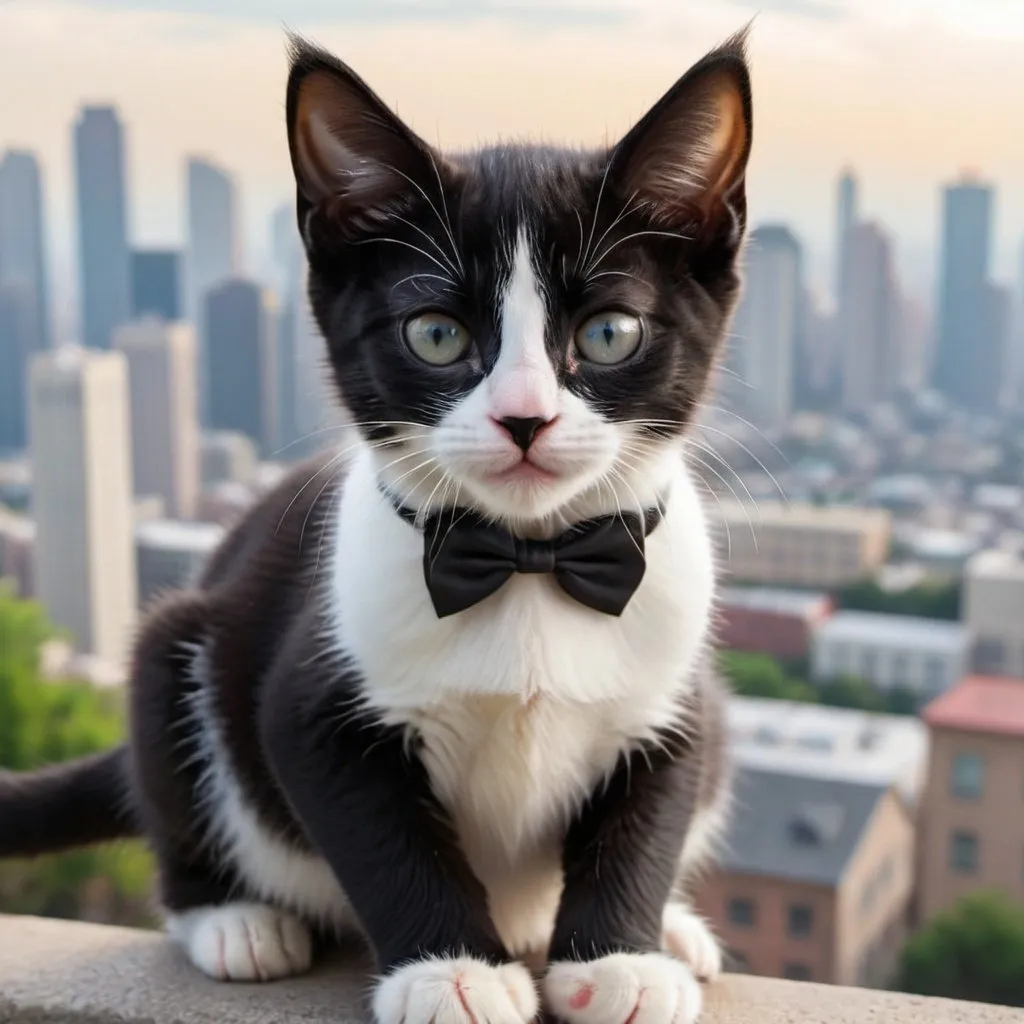 Prompt: a huge tuxedo kitten looming over a city looking laying down and the kitten is adorable
