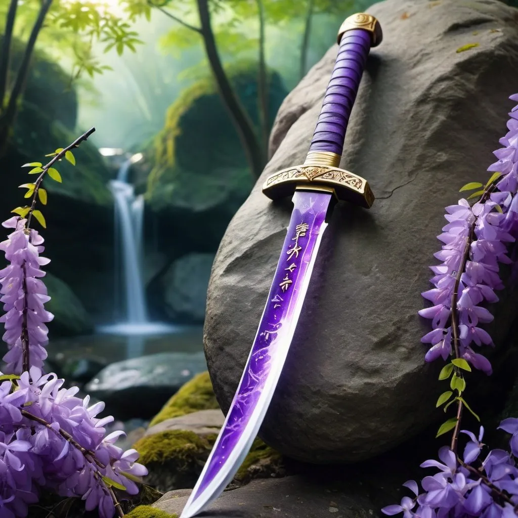 Prompt: a purple and gold katana stabbed into a rock with runes carved into it that glow purple and a mystical purple Chinese Wisteria Tree forest background