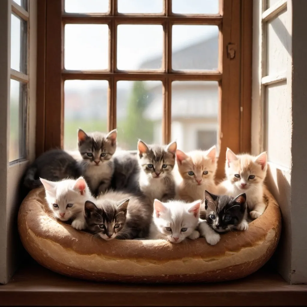 Prompt: a lot of different types of kittens sitting in the loaf form front of a window with light coming through and sleeping in a nice house