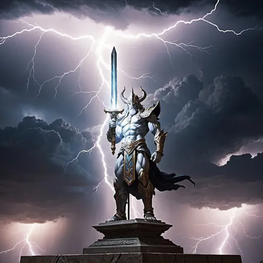 Prompt: a ligining God sword with a lightning God holding it and a mystical looking thunderstorm in the background and the sword is on a pedestal