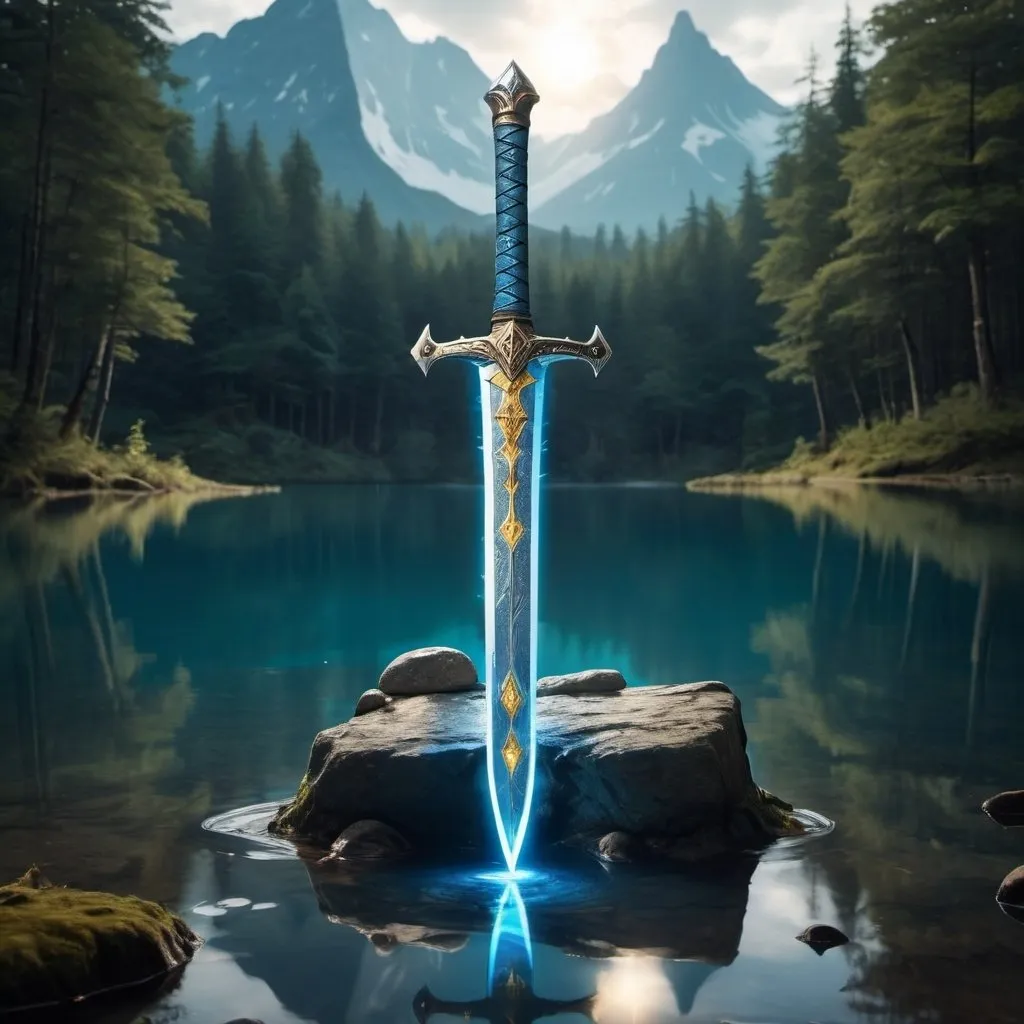 Prompt: a magical gold and silver sword with glowing blue runes all over it with the sword stuck in a stone in the middle of a mystical looking lake with a forest around the lake