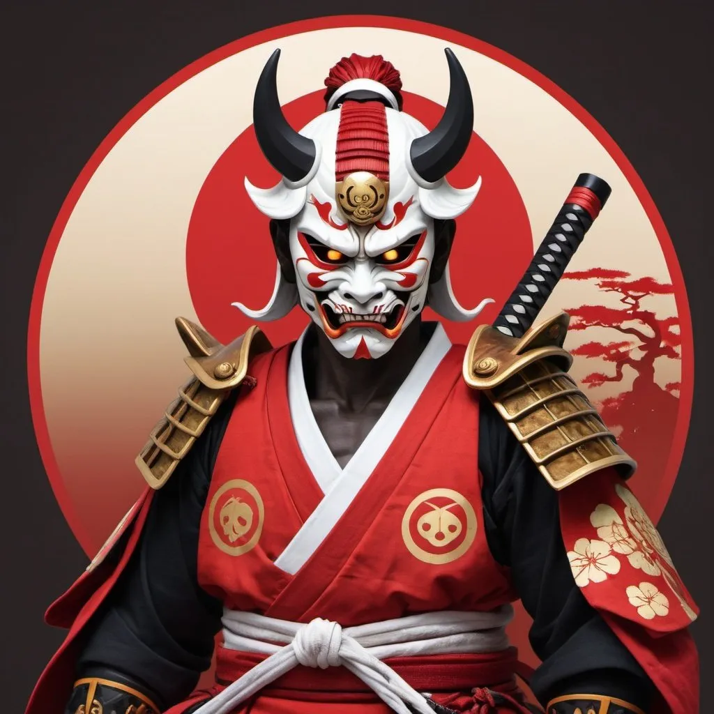 Prompt: make a red, white and gold samurai with a oni mask and a katana of the same colors with a red and black yin and yang symbol behind it as the background