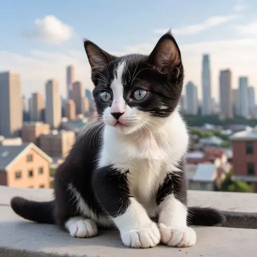 Prompt: a huge tuxedo kitten looming over a city looking laying down and the kitten is adorable
