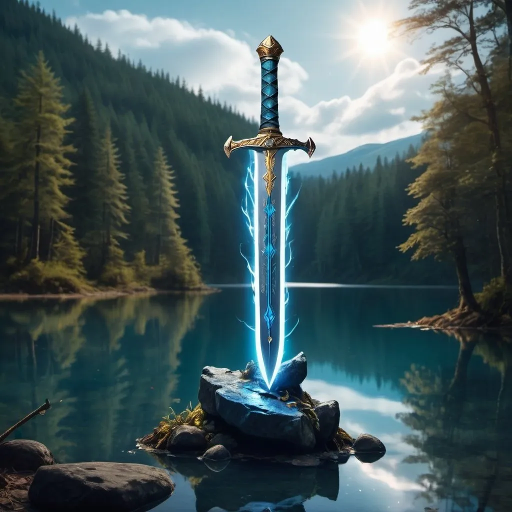 Prompt: a magical gold and silver sword with glowing blue runes all over it with the sword stuck in a stone in the middle of a mystical looking lake with a forest around the lake